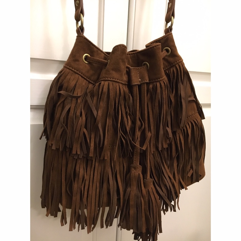 Brown Suede Fringe Bucket Crossbody